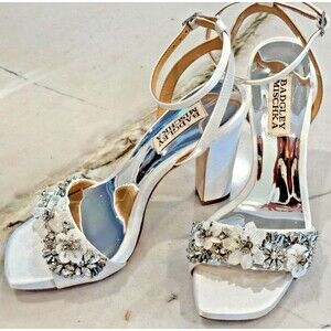 Badgley Mischka Alexa White Satin Block Heel Embellished Sandals Size 6